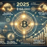 focusing on 2025 cryptocurrency predictions. The central element is a glowing Bitcoin logo surrounded by mileston