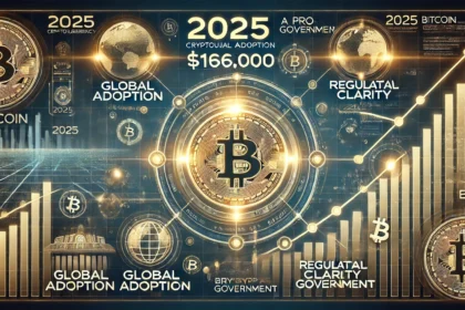 focusing on 2025 cryptocurrency predictions. The central element is a glowing Bitcoin logo surrounded by mileston