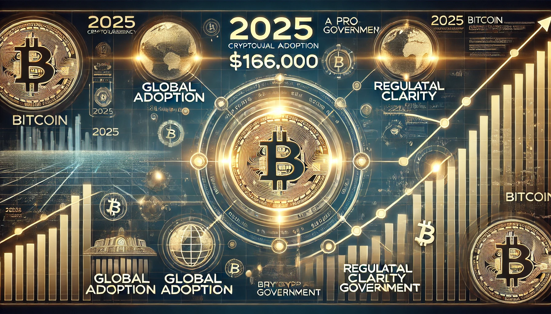 focusing on 2025 cryptocurrency predictions. The central element is a glowing Bitcoin logo surrounded by mileston