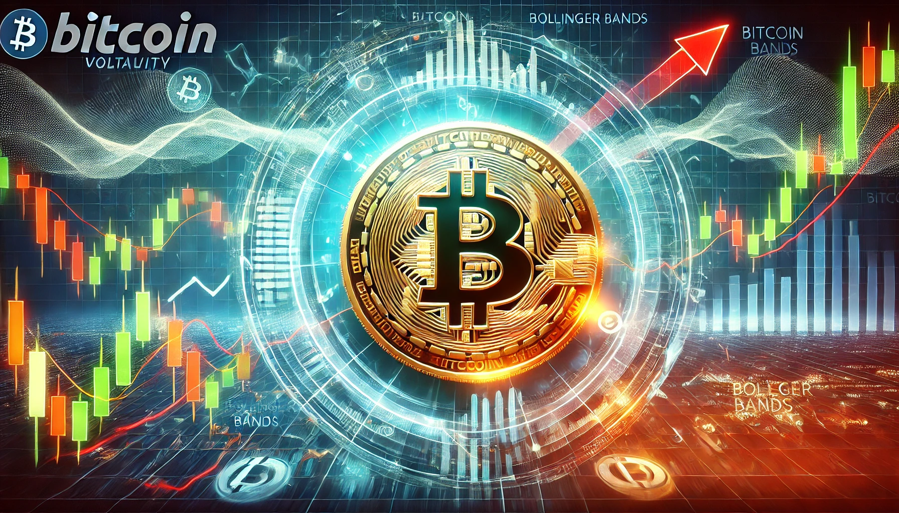 highlighting Bitcoin volatility with Bollinger Bands analysis. The image features a glowing Bitcoin logo surrounded by