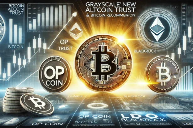 highlighting the launch of Grayscales new altcoin trust and BlackRocks Bitcoin recommendation. The image features a g