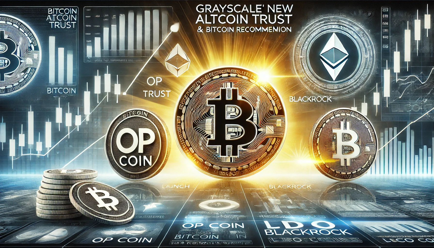 highlighting the launch of Grayscales new altcoin trust and BlackRocks Bitcoin recommendation. The image features a g