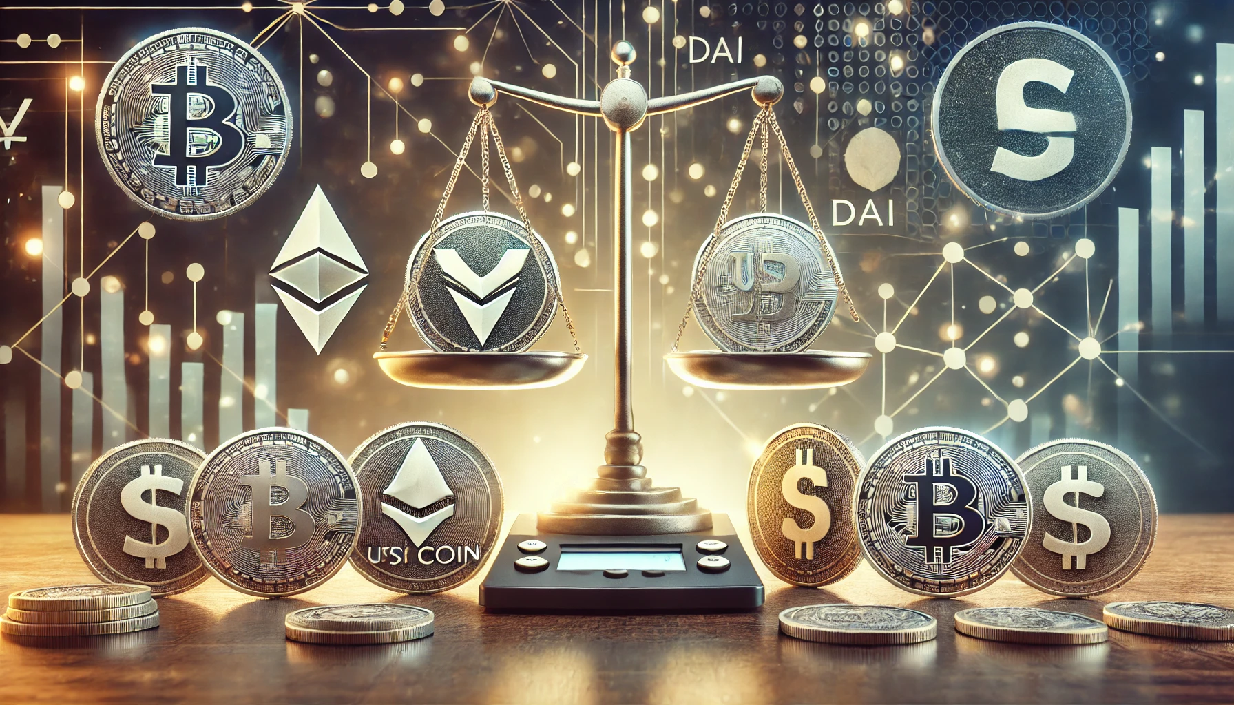 image representing stablecoins in the cryptocurrency world. The image features icons of Tether USDT USD Coin