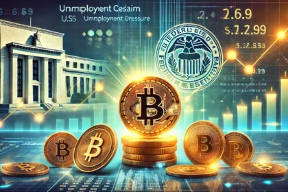 influence of U.S. economic data on cryptocurrency. The scene includes a glowing Bitcoin logo and re