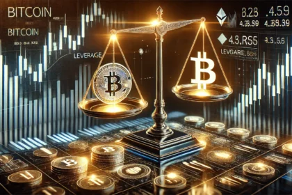 leverage trading in the cryptocurrency market. The image features a scale balancing Bitcoin and leverage i