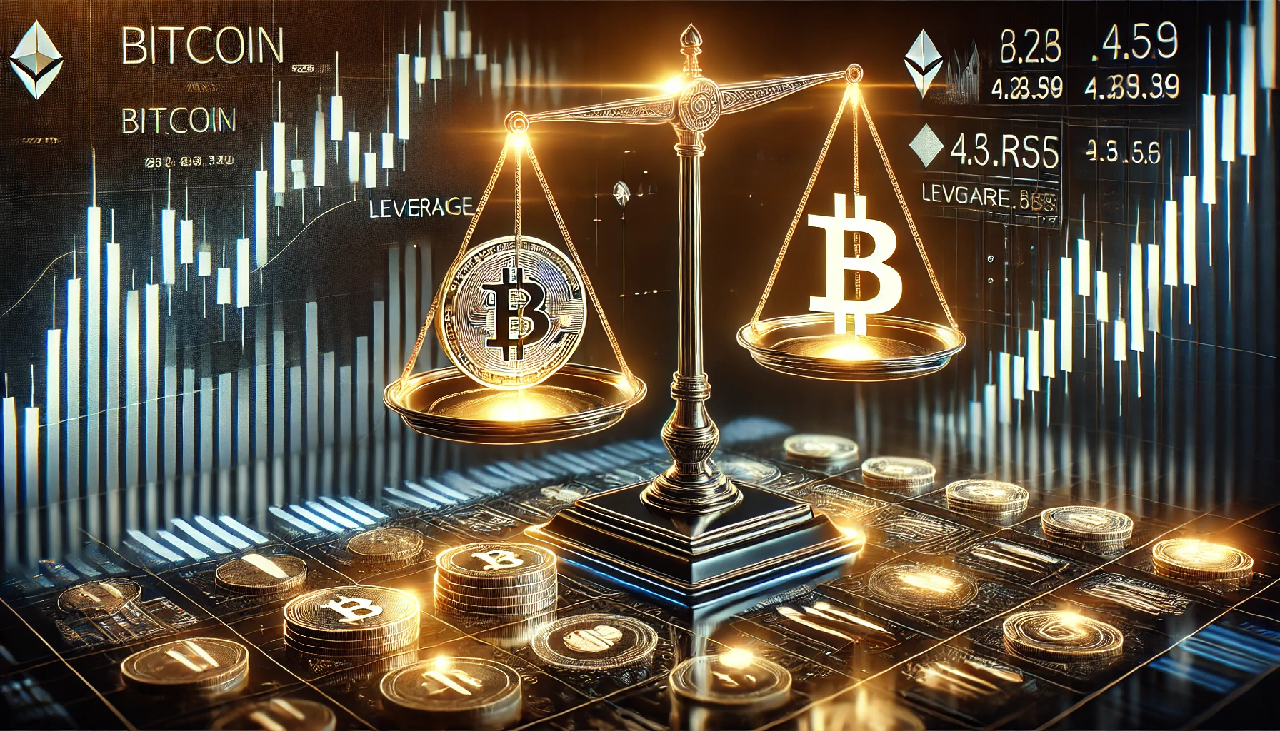 leverage trading in the cryptocurrency market. The image features a scale balancing Bitcoin and leverage i