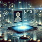 of NFTs in digital identity. The scene includes a holographic identity card symbolizing a secure NFT based I