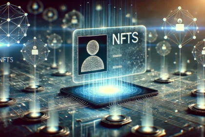 of NFTs in digital identity. The scene includes a holographic identity card symbolizing a secure NFT based I