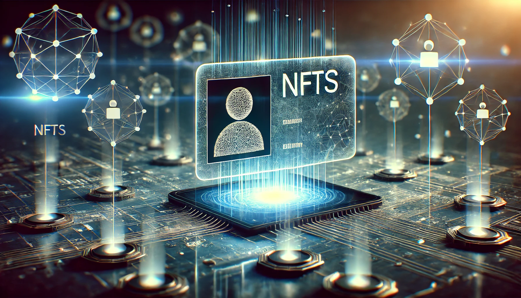 of NFTs in digital identity. The scene includes a holographic identity card symbolizing a secure NFT based I