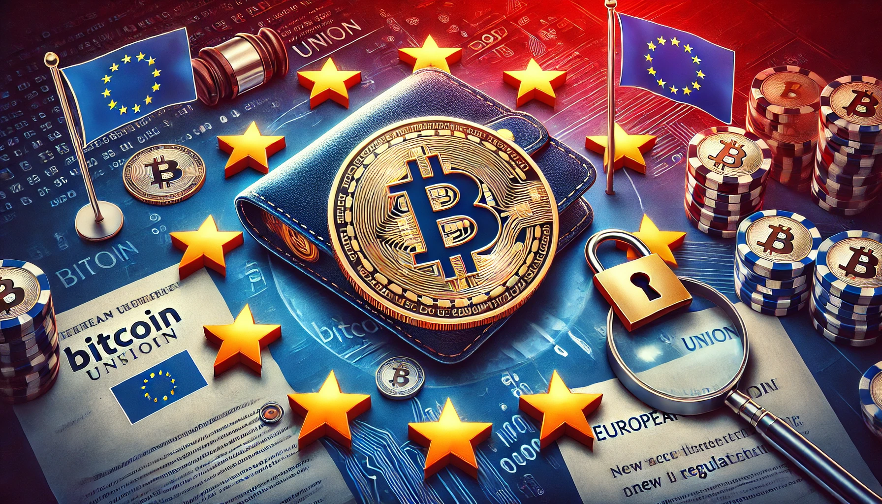 privacy threats to Bitcoin wallets under new EU regulations. The image features a Bitcoin logo in the