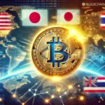 representing Bitcoins global adoption featuring a glowing Bitcoin symbol at the center with flags of the US