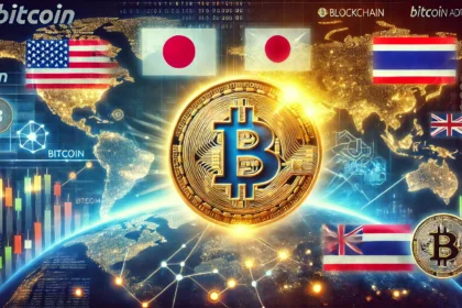 representing Bitcoins global adoption featuring a glowing Bitcoin symbol at the center with flags of the US