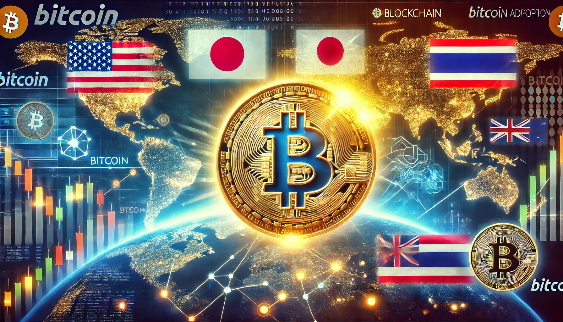 representing Bitcoins global adoption featuring a glowing Bitcoin symbol at the center with flags of the US