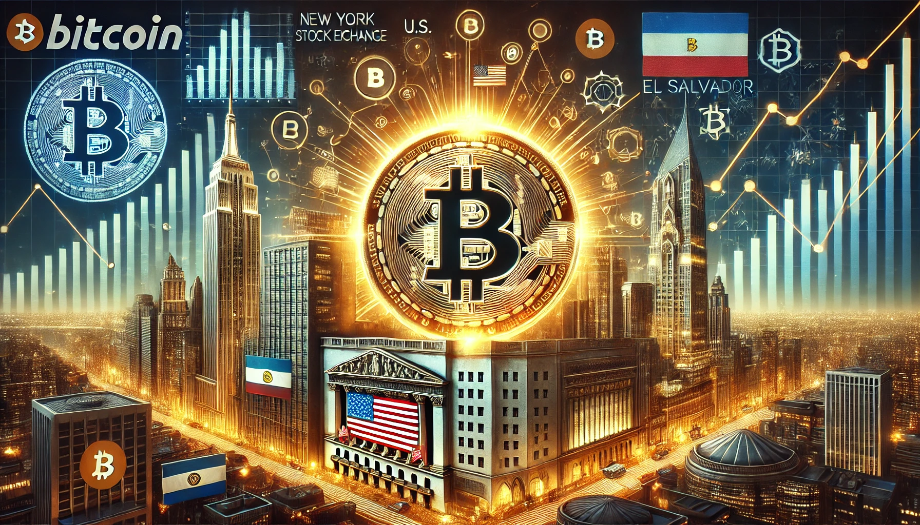 showcasing Bitcoins adoption by corporations and nations. The image features a large glowing Bitcoin coin in