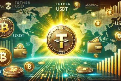 showcasing Tethers USDT adoption milestone. The image features a glowing USDT coin at the center surrounded