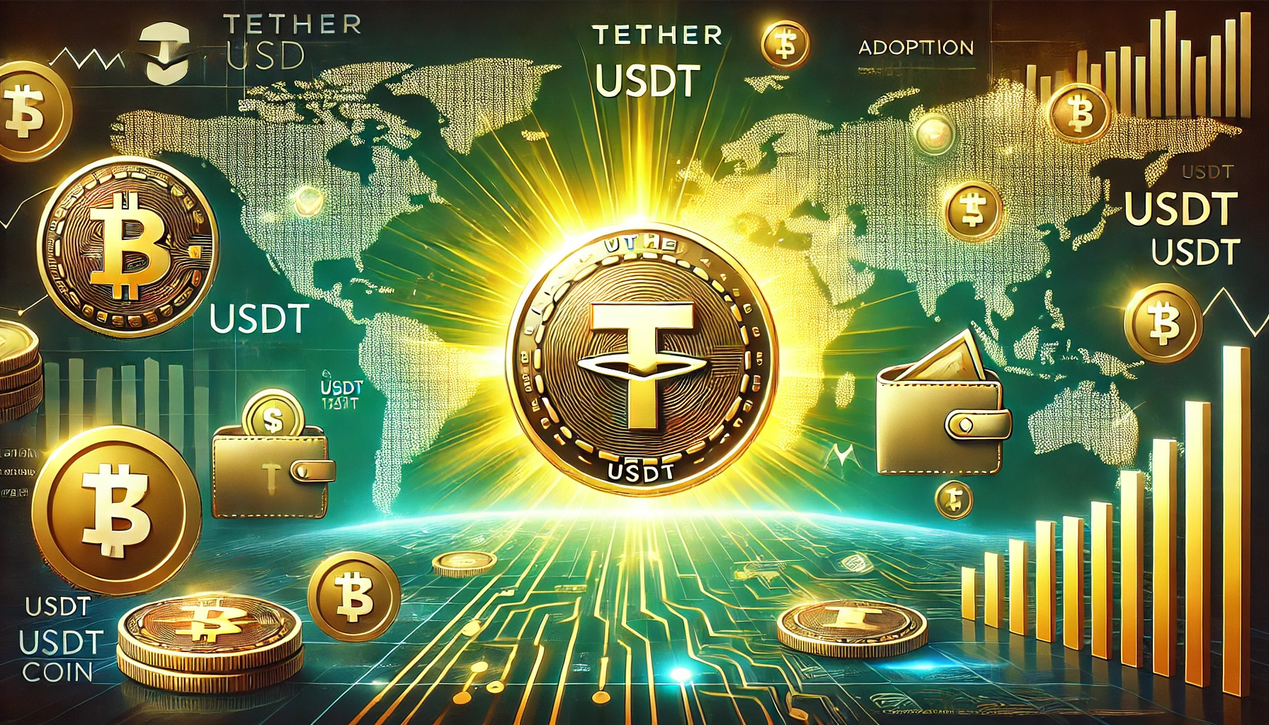 showcasing Tethers USDT adoption milestone. The image features a glowing USDT coin at the center surrounded