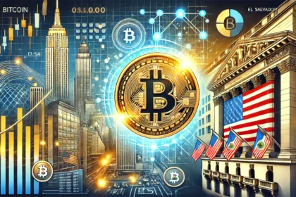 showcasing corporate and national adoption of Bitcoin. The image features a glowing Bitcoin coin prominentl