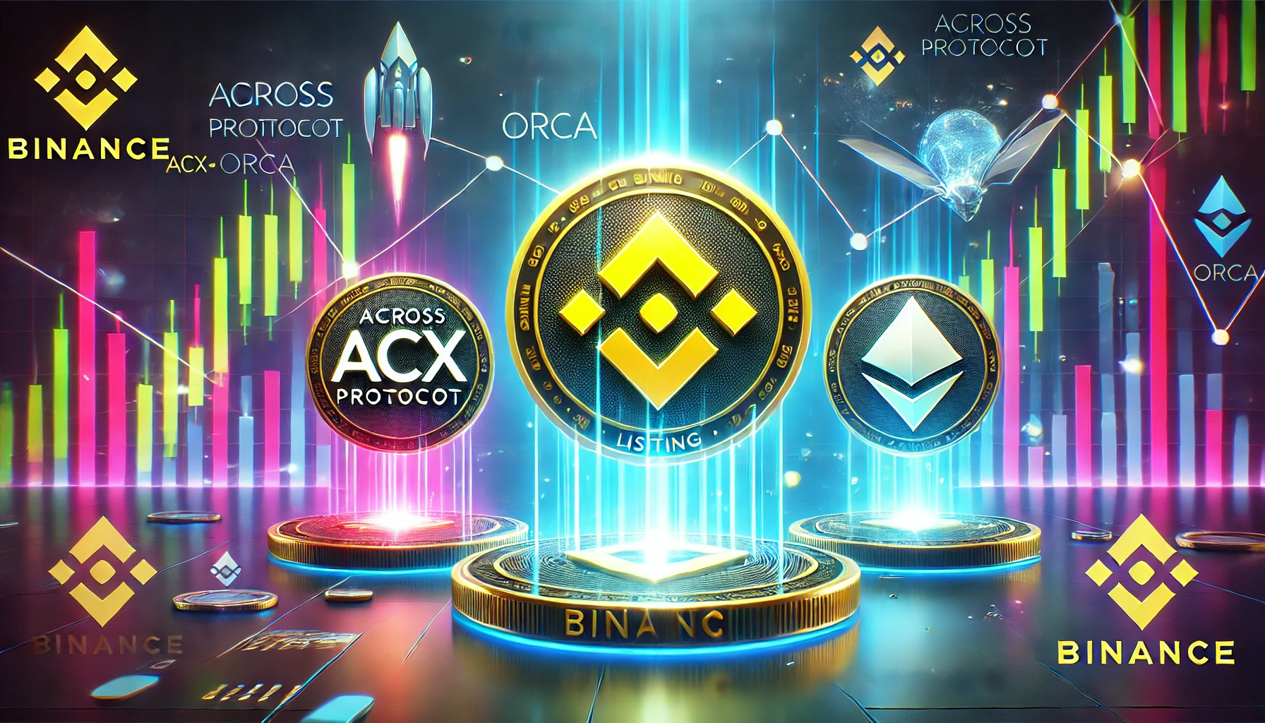 showcasing the Binance listing of Across Protocol ACX and Orca ORCA. The image features the Binance log