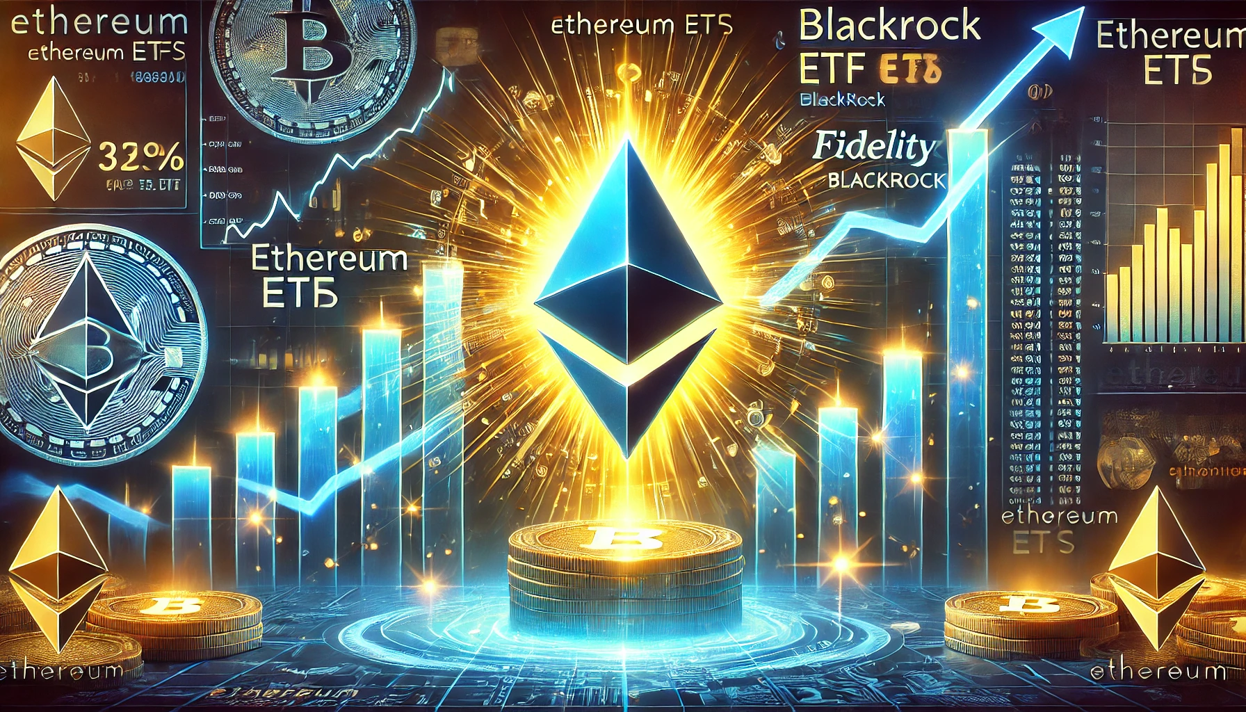 showcasing the surge in Ethereum ETFs. The image features a glowing Ethereum logo at the center with financial charts h