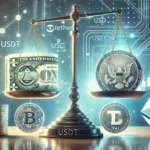 stablecoins specifically featuring Tether USDT USD Coin USDC and DAI. A balanced scale is depicted