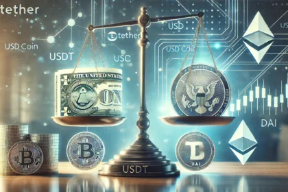 stablecoins specifically featuring Tether USDT USD Coin USDC and DAI. A balanced scale is depicted