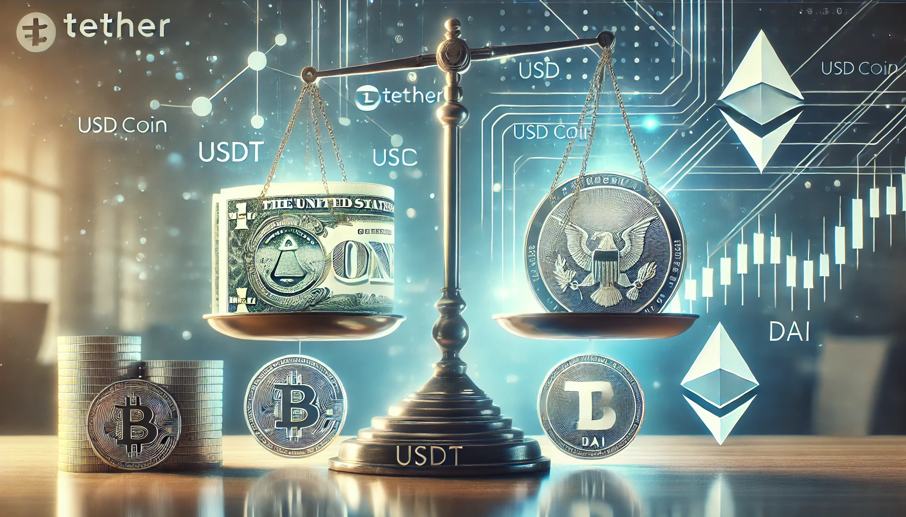 stablecoins specifically featuring Tether USDT USD Coin USDC and DAI. A balanced scale is depicted