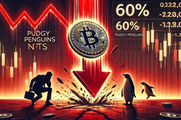 the PENGU token on its launch day. The image features a digital PENGU token crashing downward wit