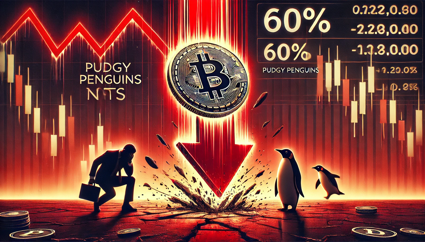 the PENGU token on its launch day. The image features a digital PENGU token crashing downward wit