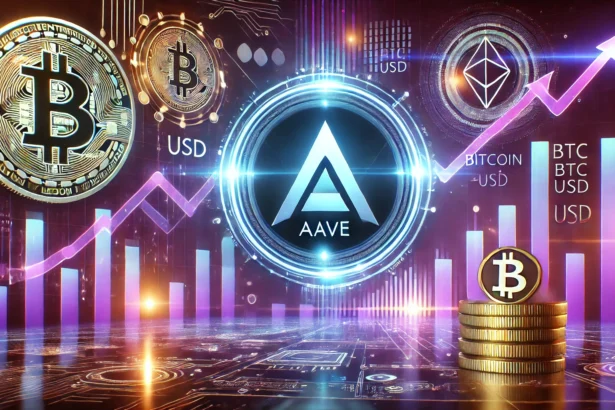 Aave AAVE logo prominently displayed against a digital futuristic financial background. The scene includes upward trendi