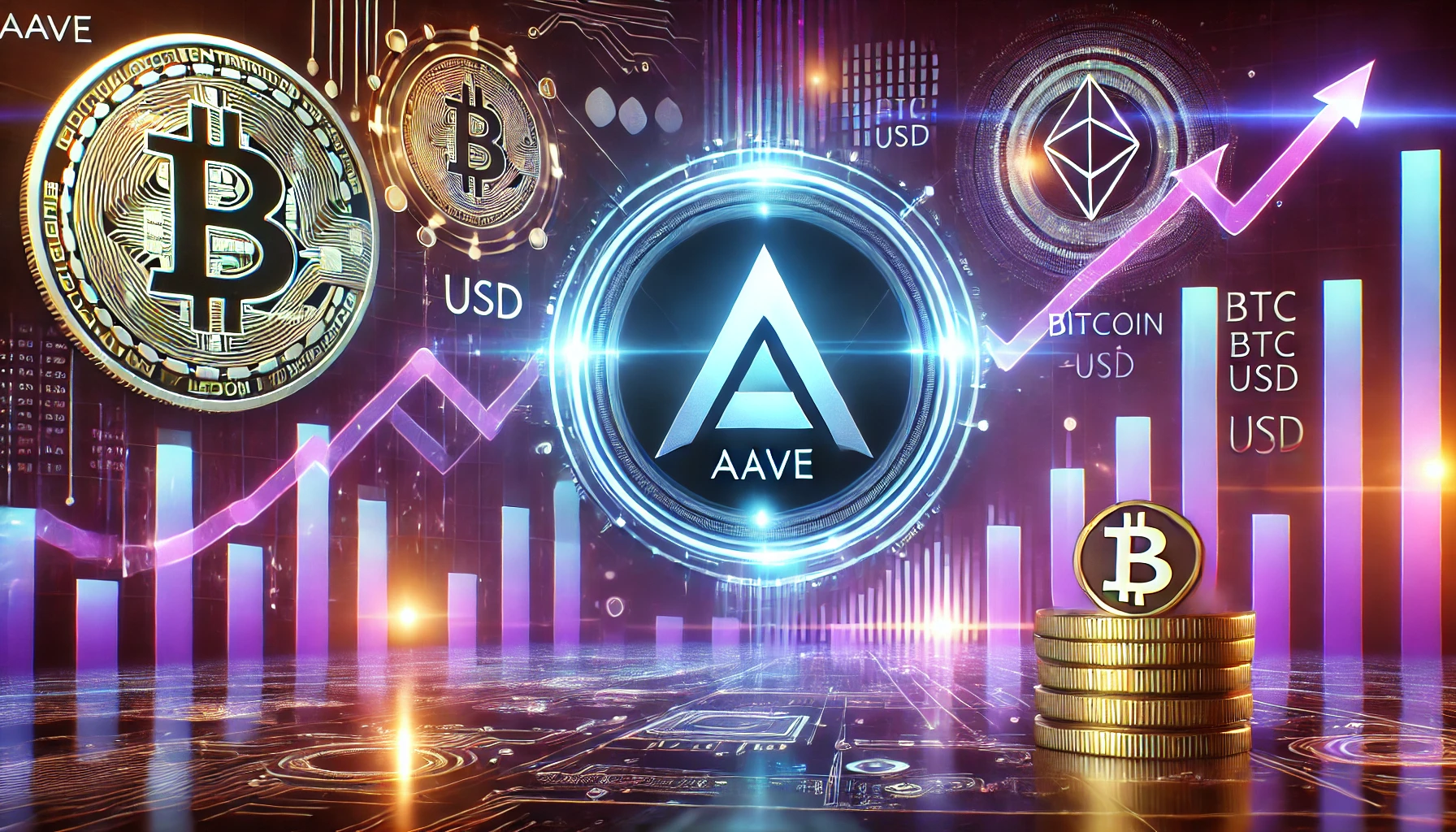 Aave AAVE logo prominently displayed against a digital futuristic financial background. The scene includes upward trendi