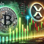 Bitcoin and XRPs market trends. The design includes Bitcoin and XRP logos with a candlestick chart in the