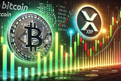 Bitcoin and XRPs market trends. The design includes Bitcoin and XRP logos with a candlestick chart in the