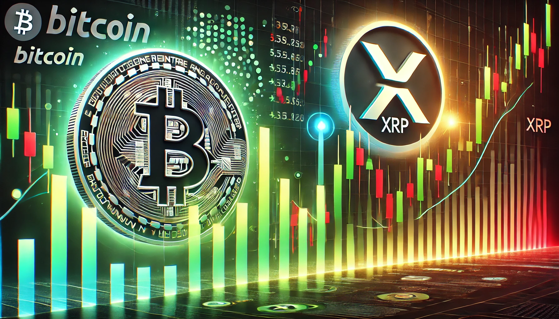 Bitcoin and XRPs market trends. The design includes Bitcoin and XRP logos with a candlestick chart in the