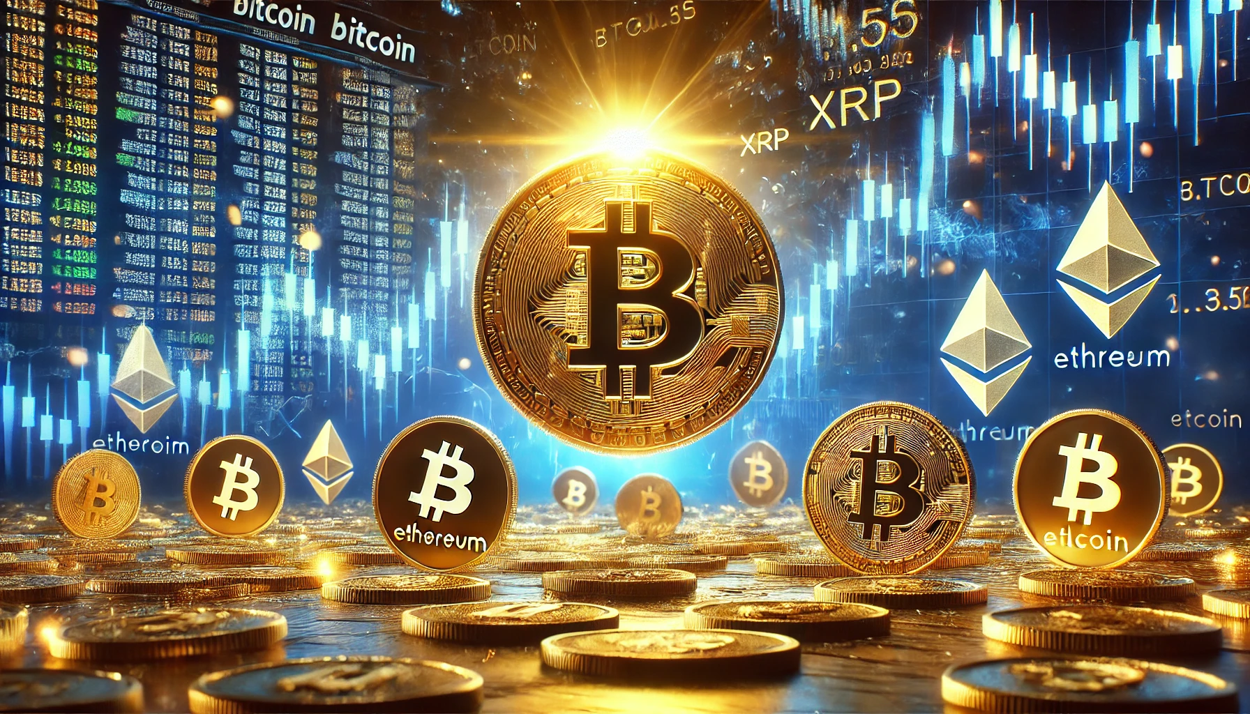 Bitcoin dominating the crypto market while altcoins struggle. The image features a bright golden Bitcoi