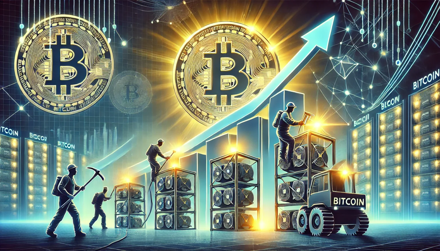 Bitcoin mining profitability featuring miners working at advanced mining rigs with glowing Bitcoin logos. Th