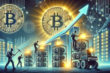 Bitcoin mining profitability featuring miners working at advanced mining rigs with glowing Bitcoin logos. Th