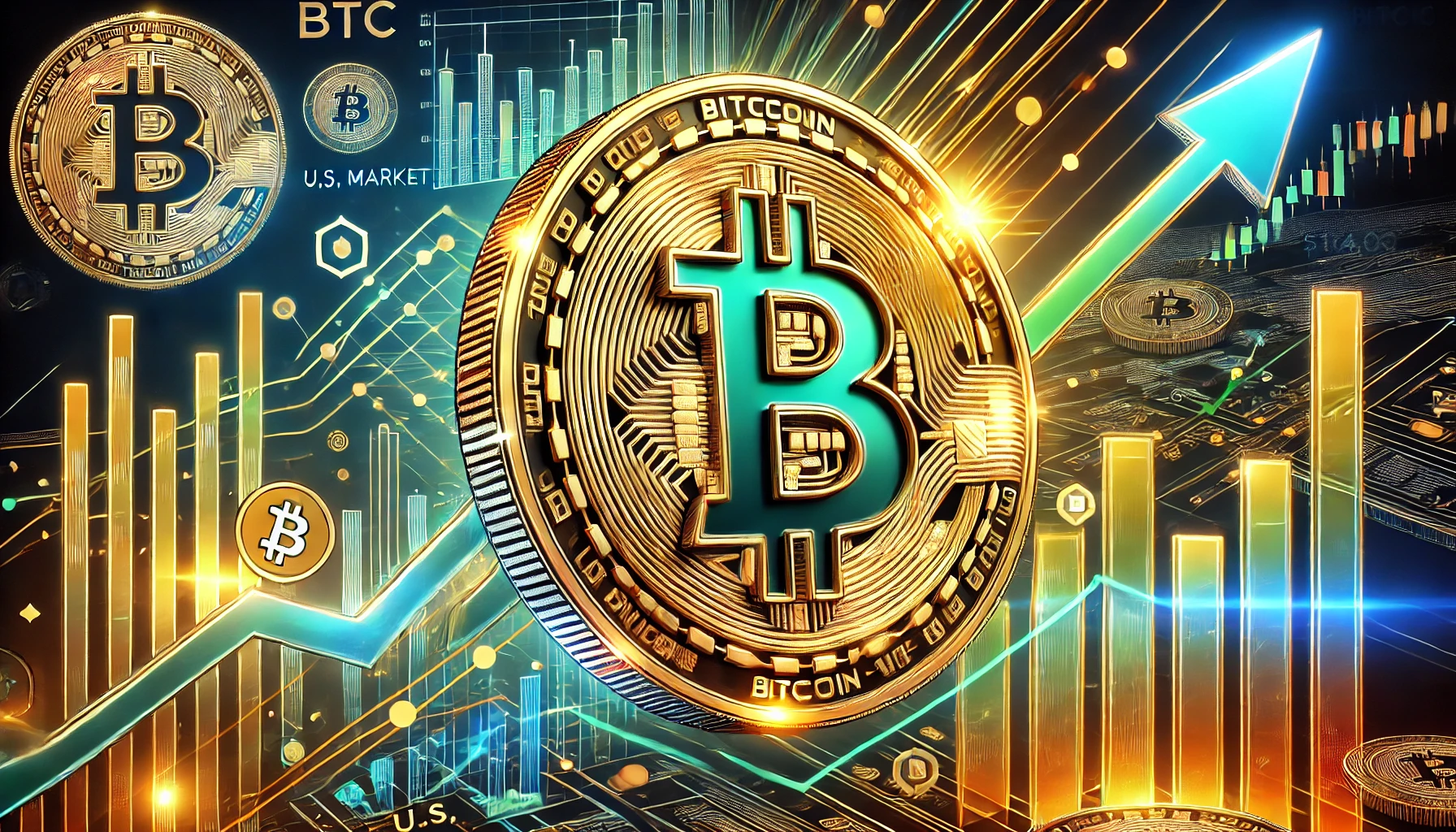 Bitcoins BTC price surge to 104000 emphasizing its logo with dynamic upward financial charts and b