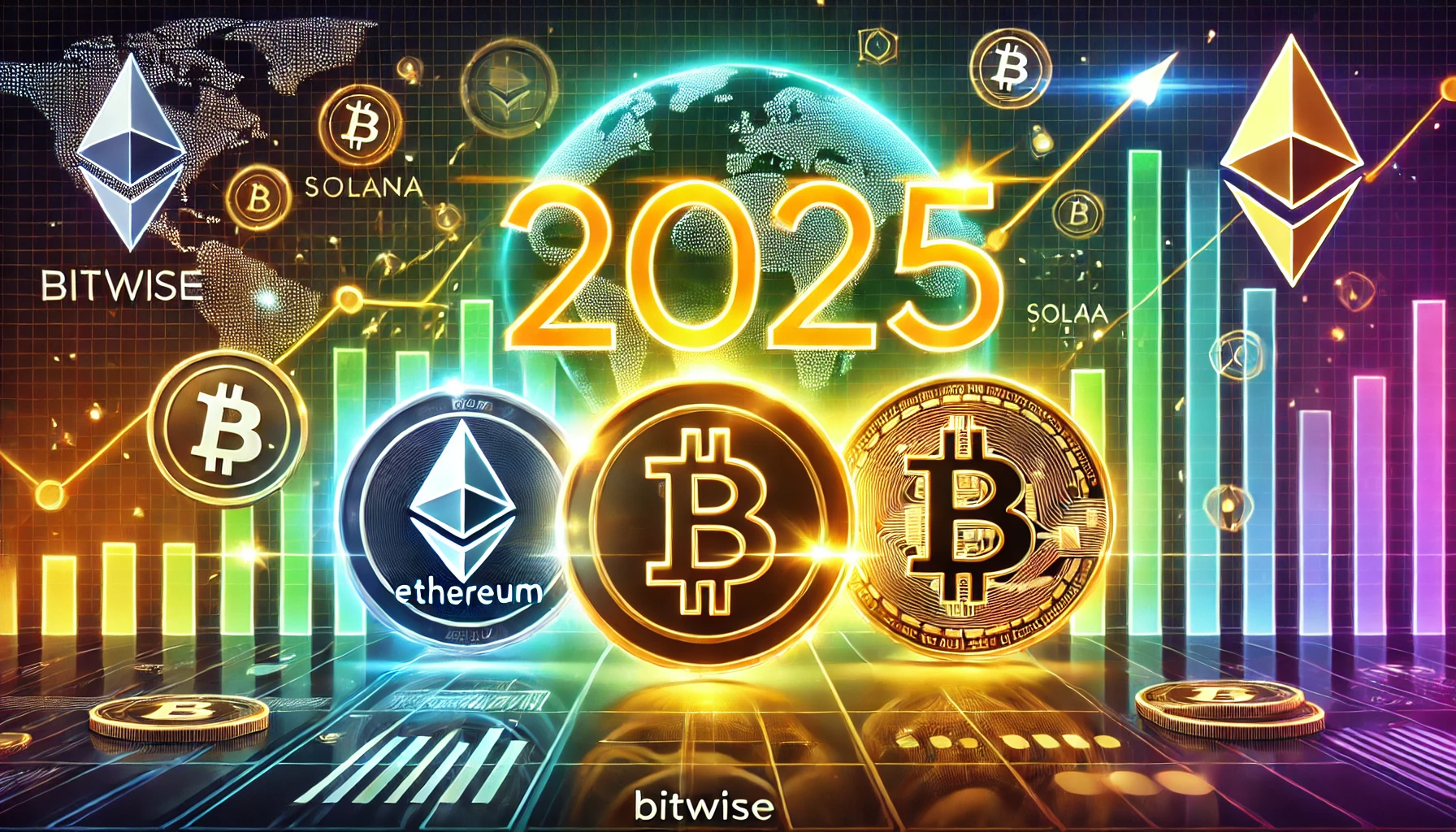 Bitwise is 2025 crypto predictions. The image features prominent symbols for Bitcoin Ether