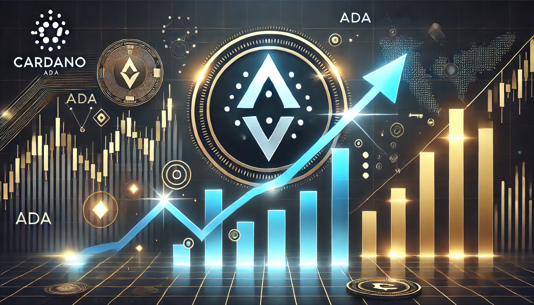 Cardano ADA logo prominently rising with bullish elements such as glowing price charts and