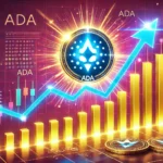 Cardano ADA on the rise featuring a glowing ADA coin breaking through resistance lines on a price chart. The