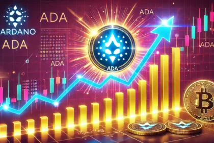 Cardano ADA on the rise featuring a glowing ADA coin breaking through resistance lines on a price chart. The