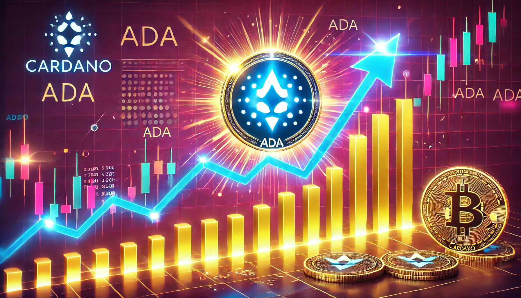 Cardano ADA on the rise featuring a glowing ADA coin breaking through resistance lines on a price chart. The