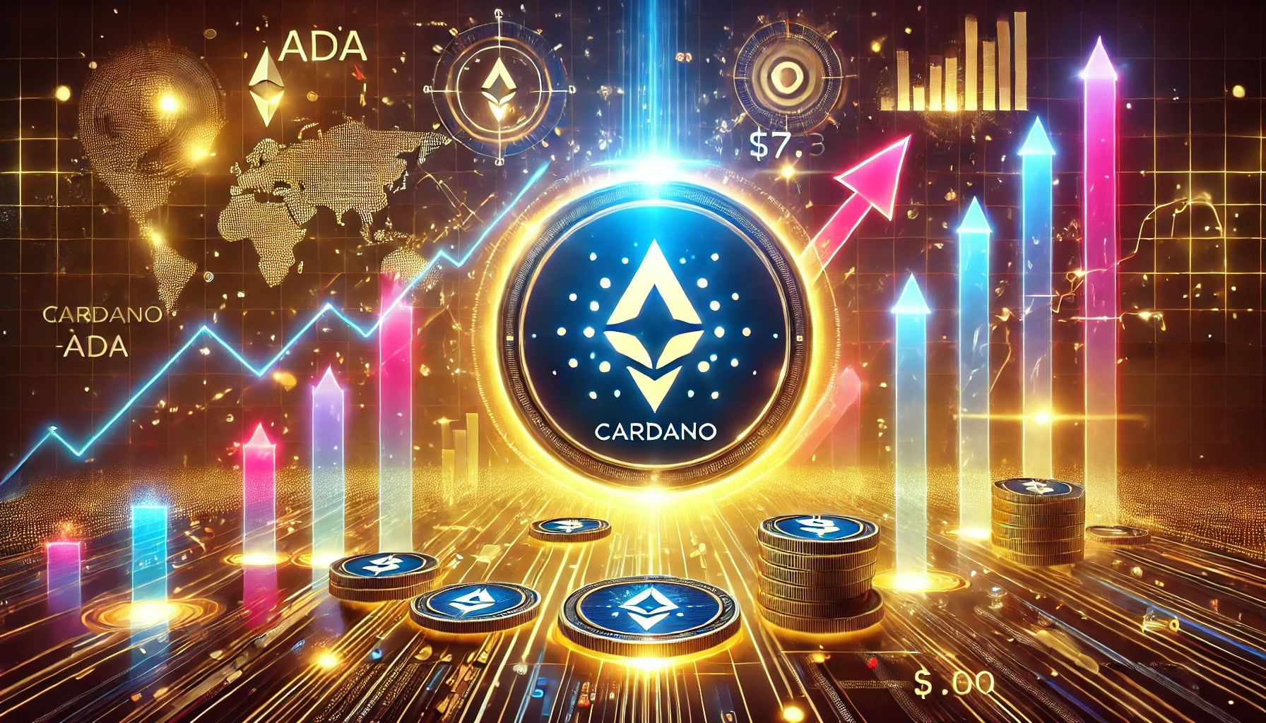 Cardano ADA with its potential rise to 7. The design prominently features the Cardano l