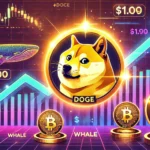 Dogecoin DOGE with a glowing Shiba Inu coin icon heading toward a 1 milestone. The design fea