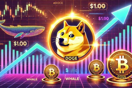 Dogecoin DOGE with a glowing Shiba Inu coin icon heading toward a 1 milestone. The design fea