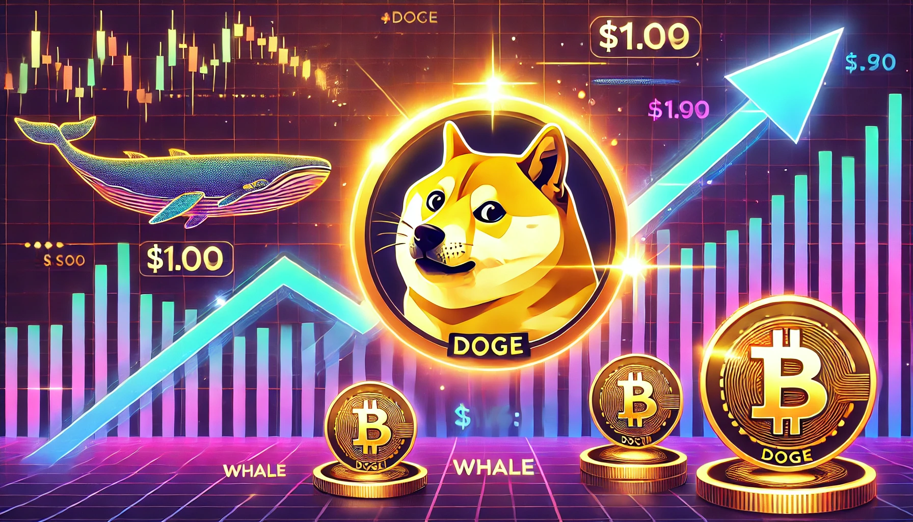 Dogecoin DOGE with a glowing Shiba Inu coin icon heading toward a 1 milestone. The design fea