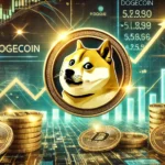 Dogecoins potential price surge. The design features a golden Dogecoin logo prominently di