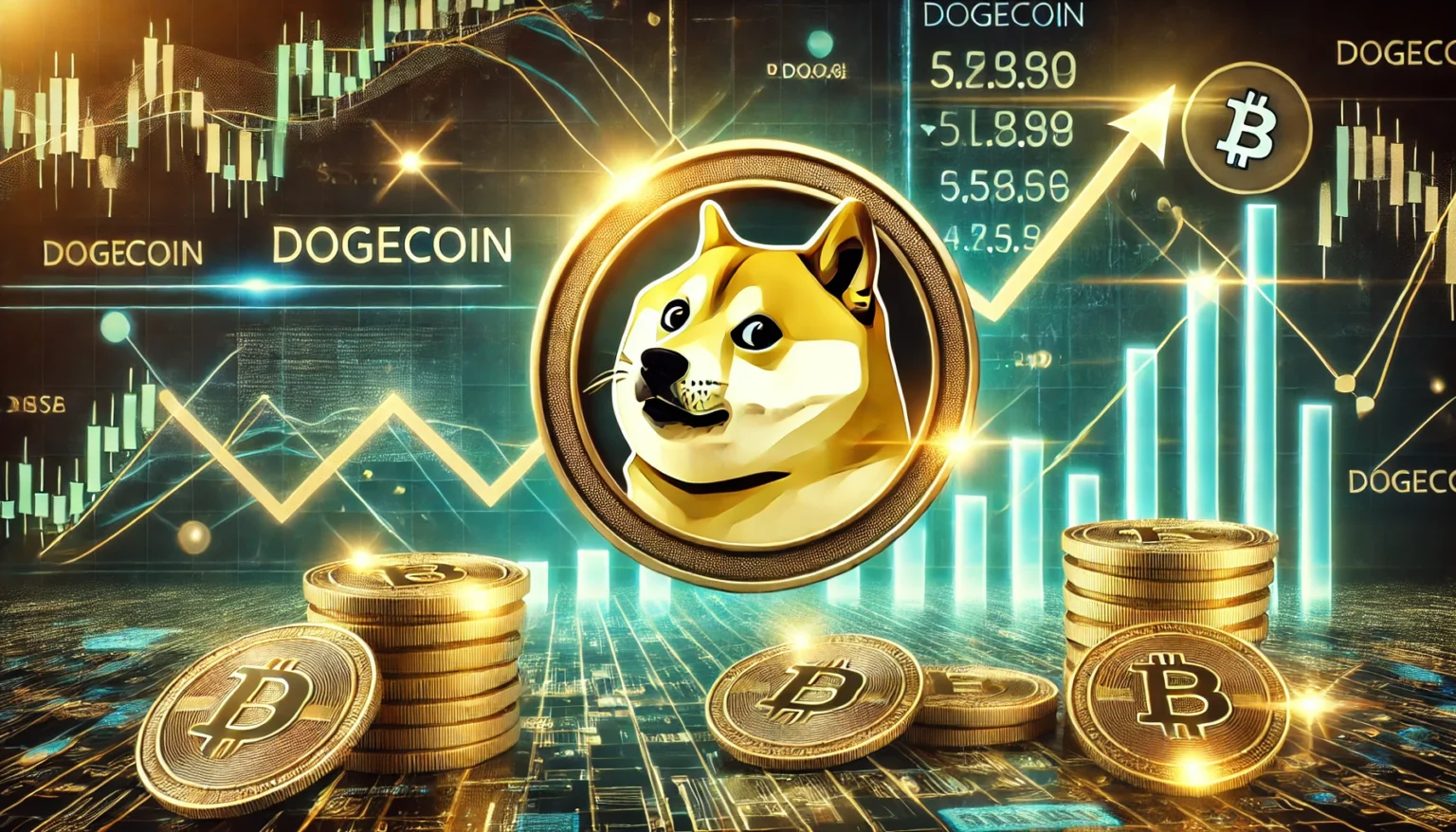 Dogecoins potential price surge. The design features a golden Dogecoin logo prominently di