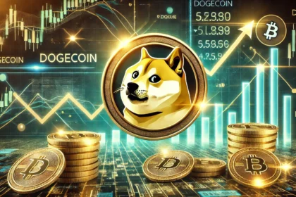 Dogecoins potential price surge. The design features a golden Dogecoin logo prominently di