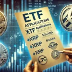 ETF applications for cryptocurrencies like XRP Solana and Litecoin. The design features an ETF docum